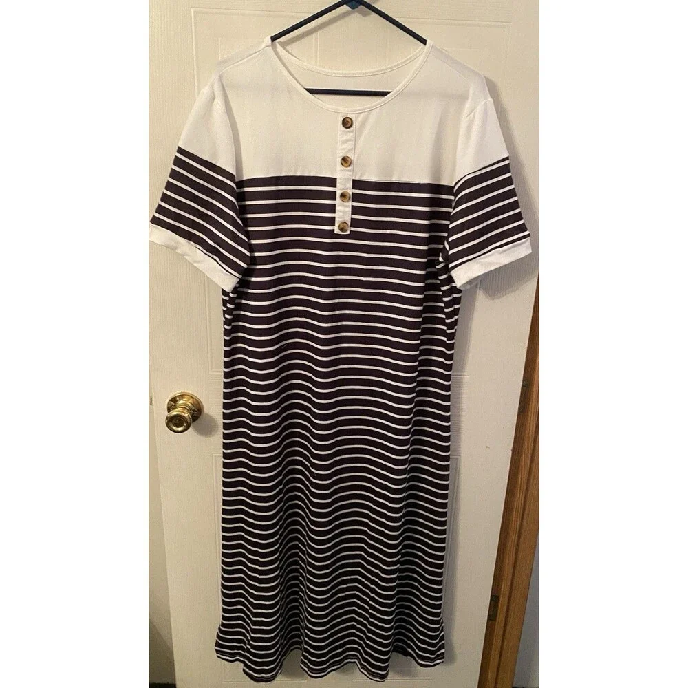 SHEIN Black White Striped Short Sleeve Midi Dress 2X New